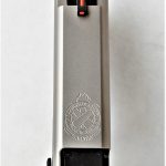 red fiber optic front sight on a pistol slide